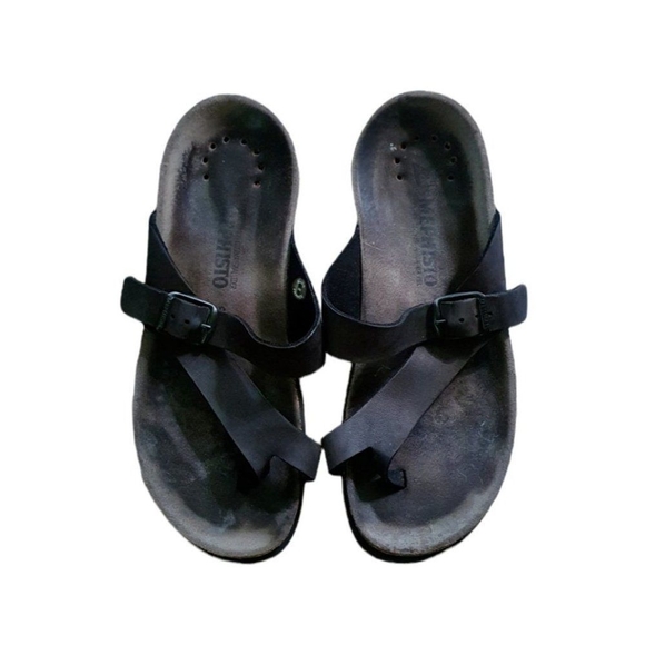 MEMPHISTO HELEN WOMEN'S SANDAL SIZE 7 (38) BLACK LEATHER SLIDE CROSS TOES Mephis - Picture 3 of 11
